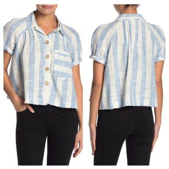 We The Free People Away At Sea Striped Skies Shirt Womens XS Cropped Casual NWT - Picture 1 of 7